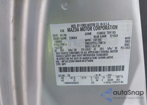 2006 Mazda Tribute S из США, поврежденный, VIN 4F2CZ06186KM37499